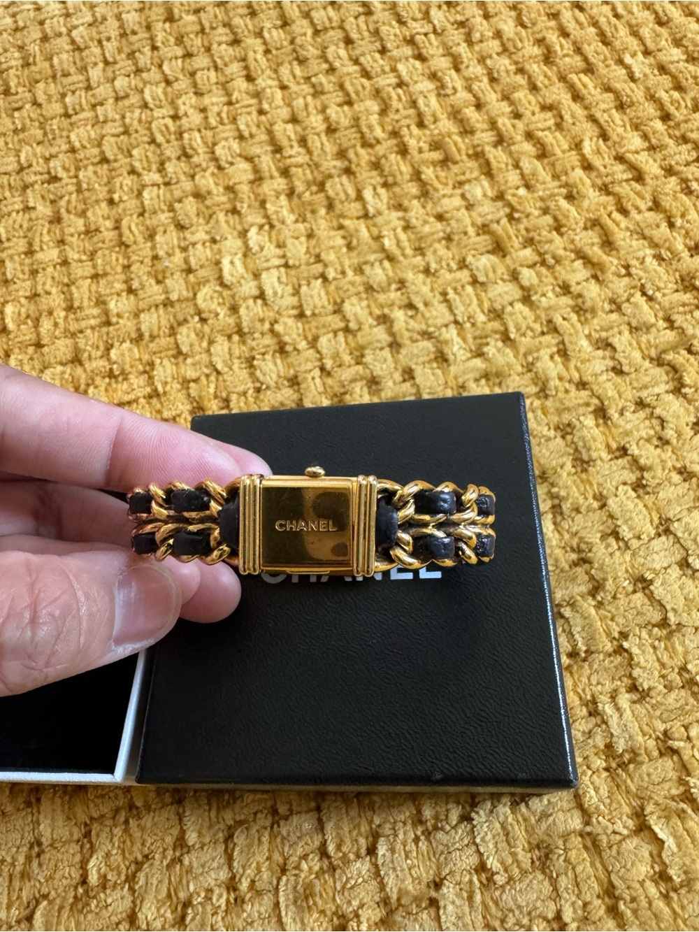 CHANEL Premiere Black and Gold Chain-Link Bracelet Watch